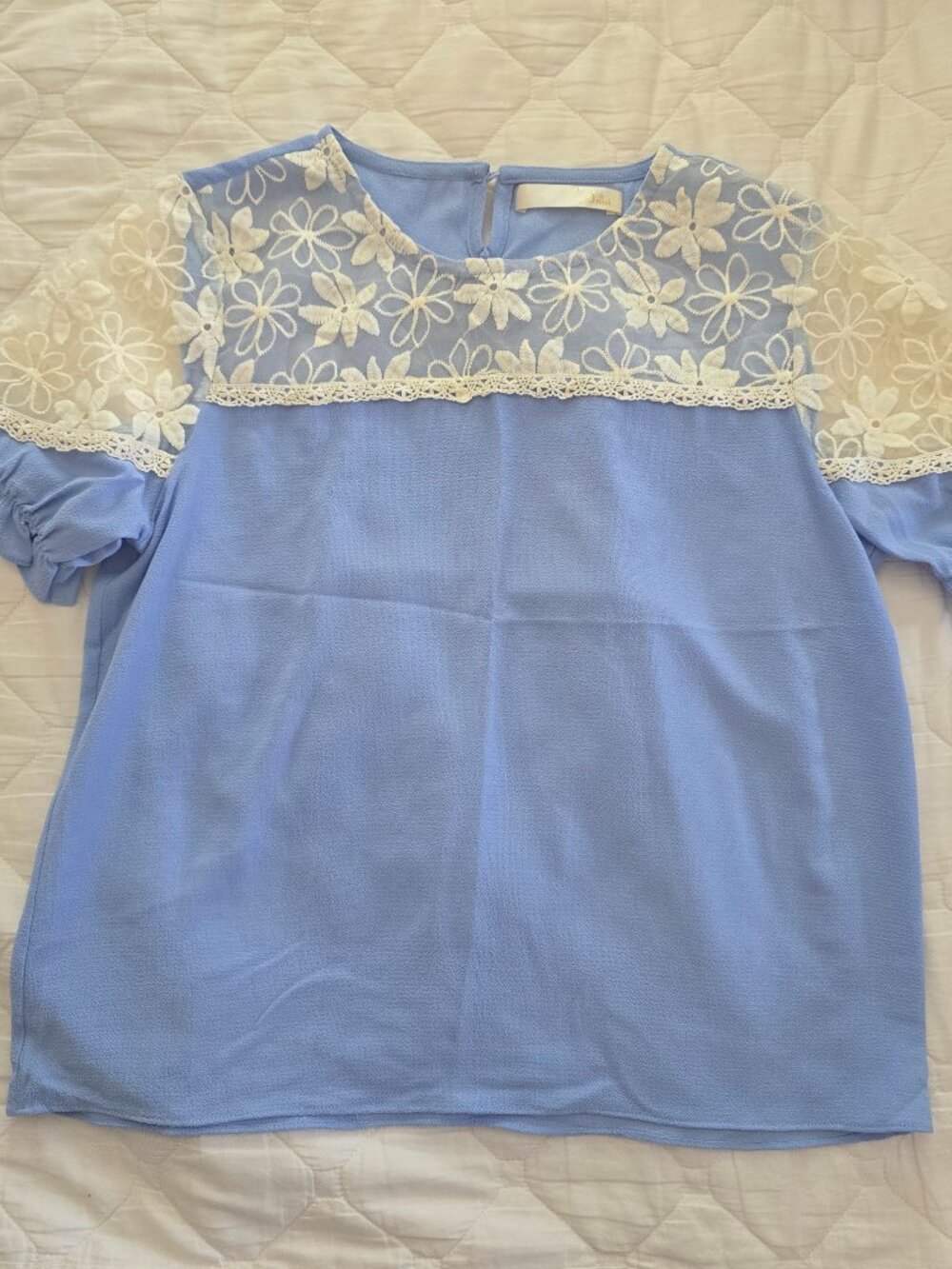 Floral Lace Embroidered Short Sleeve Blouse Light Blue Size Small (Joni)